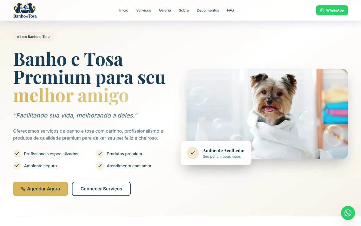 Página inicial do site de Puppyville Banho e Tosa no computador
