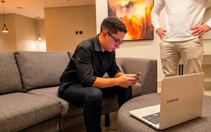 Consultor da EvoluaC respondendo clientes pelo celular no sofá do escritório, com o notebook aberto