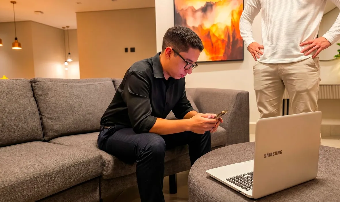 Consultor da EvoluaC respondendo clientes pelo celular no sofá do escritório, com o notebook aberto