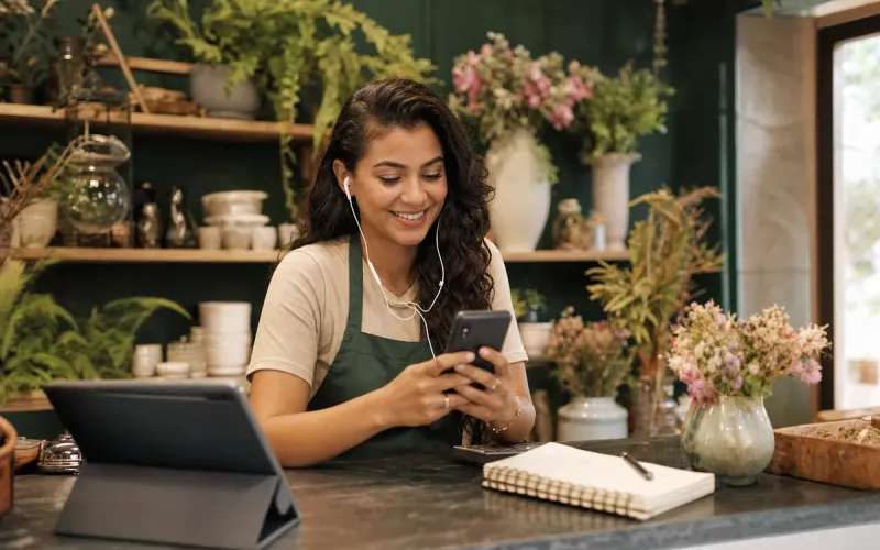 Atendente sorridente respondendo mensagens de clientes no celular, no balcão da loja