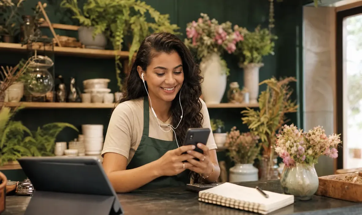 Atendente sorridente respondendo mensagens de clientes no celular, no balcão da loja