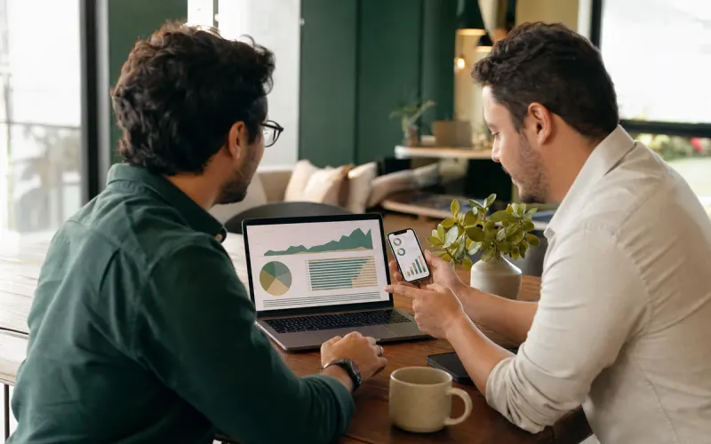 Dois profissionais de marketing comparando gráficos de campanhas no notebook e no celular