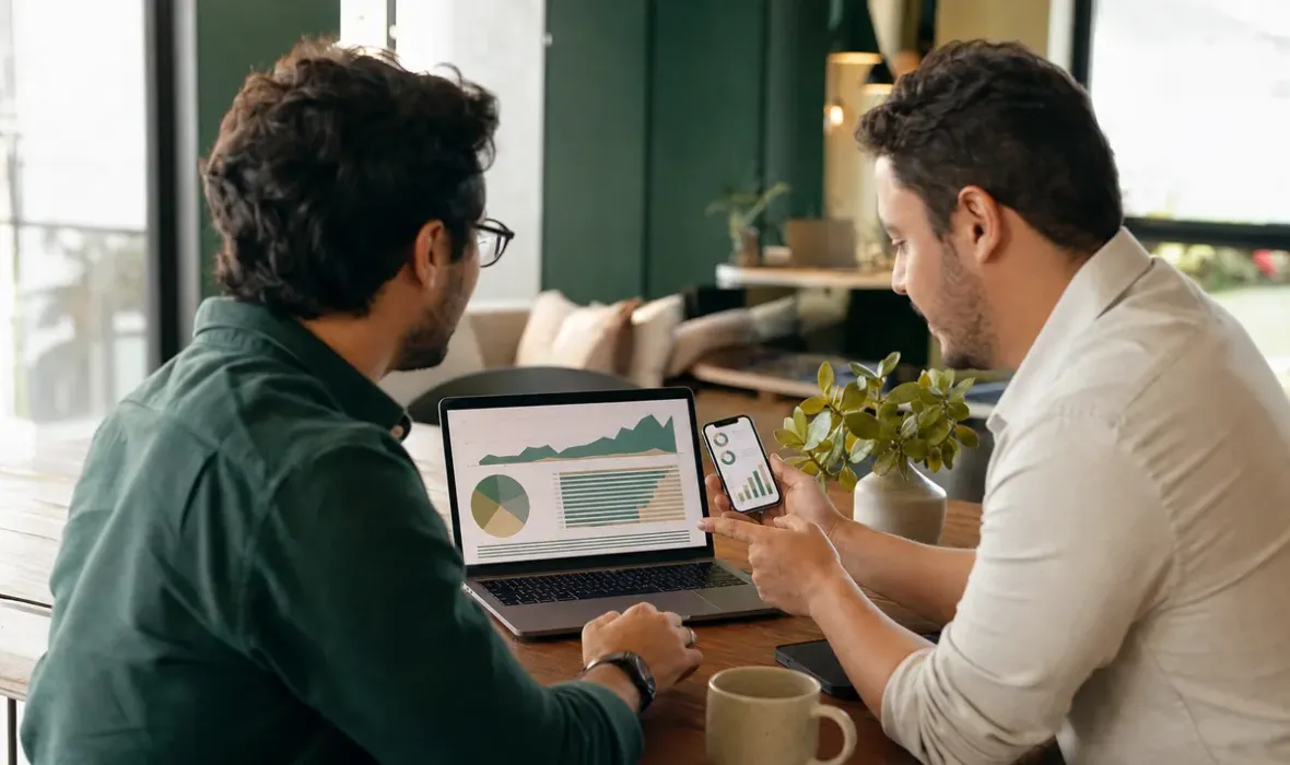 Dois profissionais de marketing comparando gráficos de campanhas no notebook e no celular