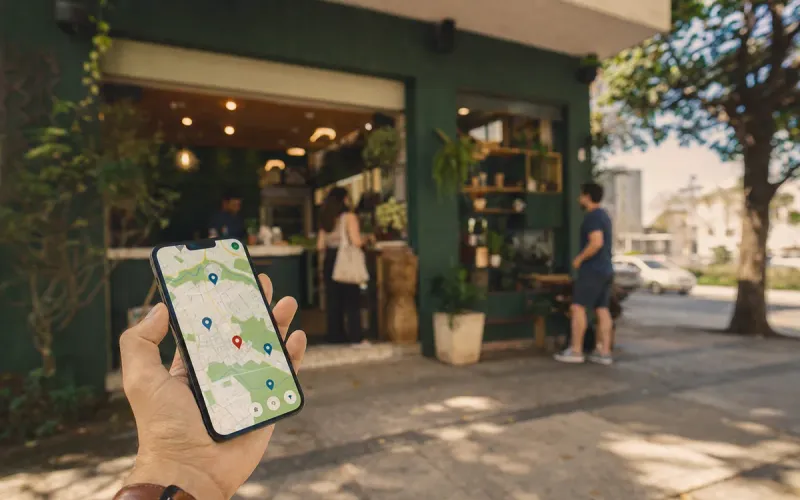 Mão segurando o celular com um aplicativo de mapa aberto, em frente a uma loja de bairro