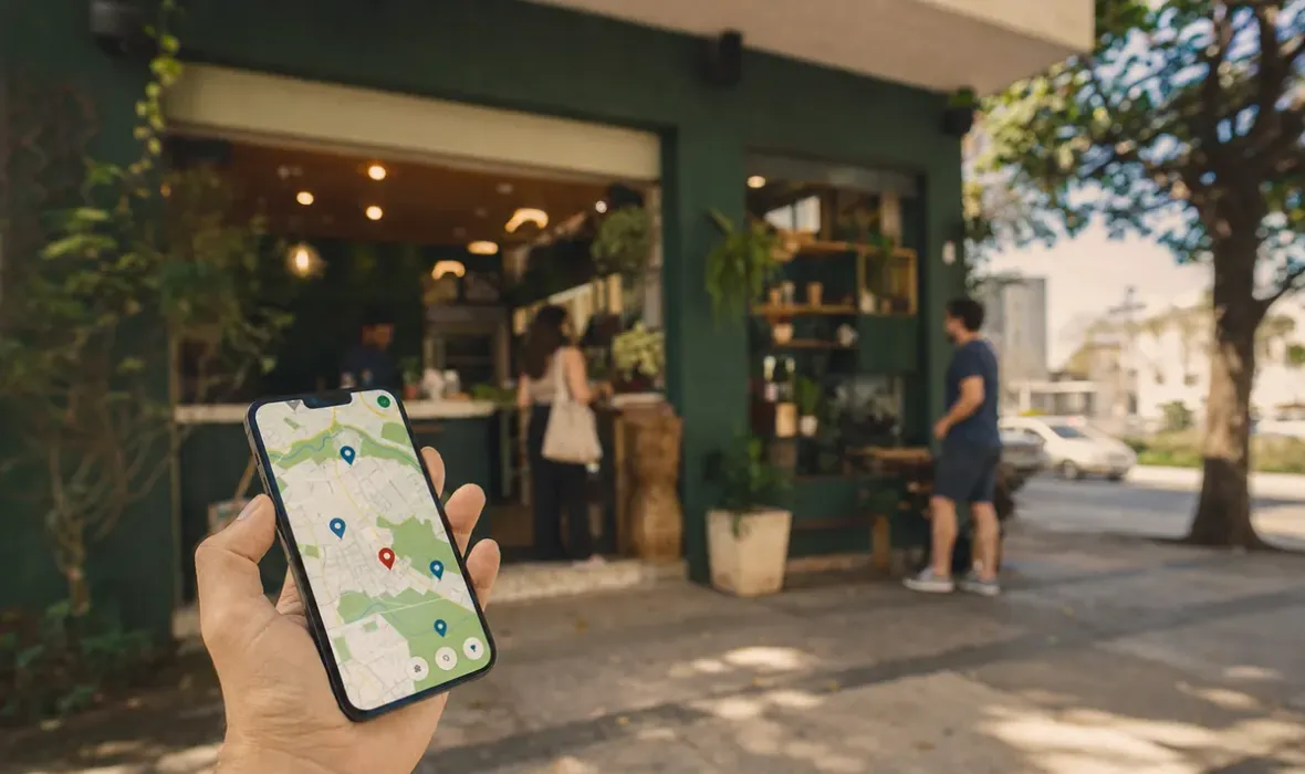 Mão segurando o celular com um aplicativo de mapa aberto, em frente a uma loja de bairro