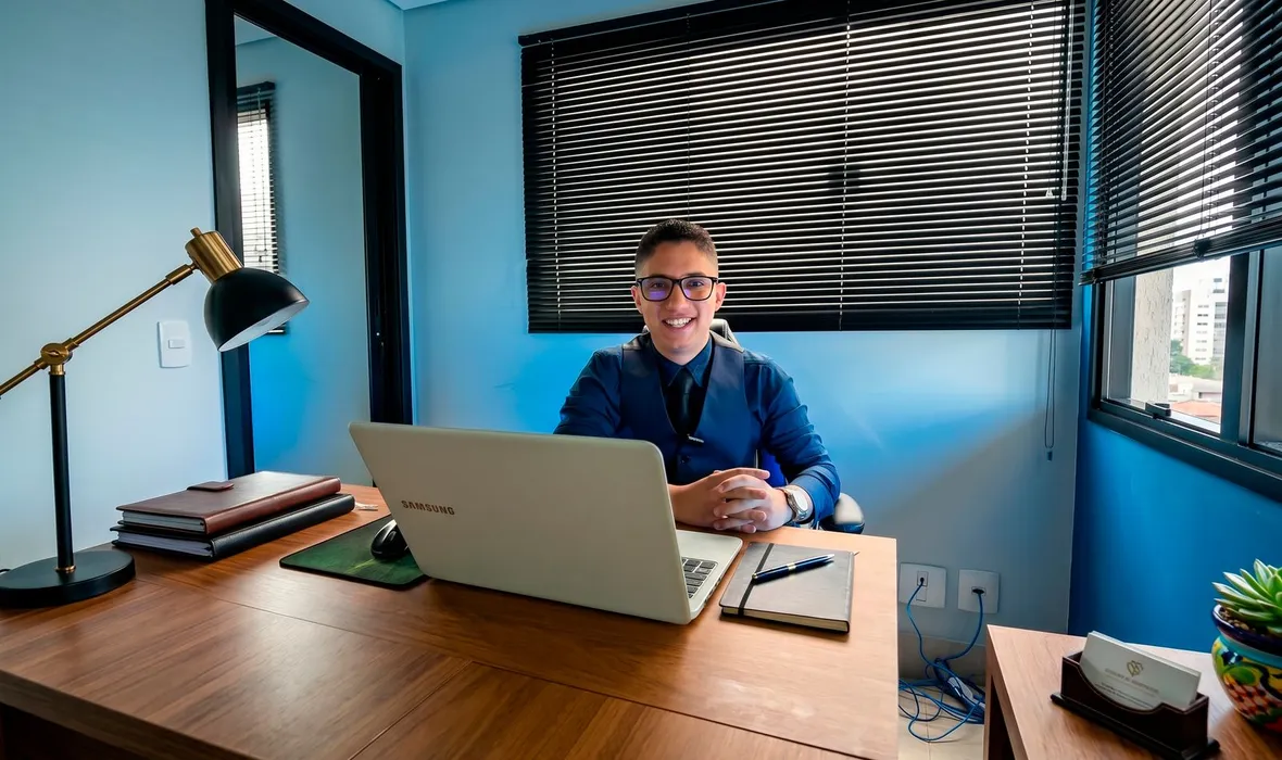Consultor da EvoluaC acompanhando campanhas no notebook, no escritório