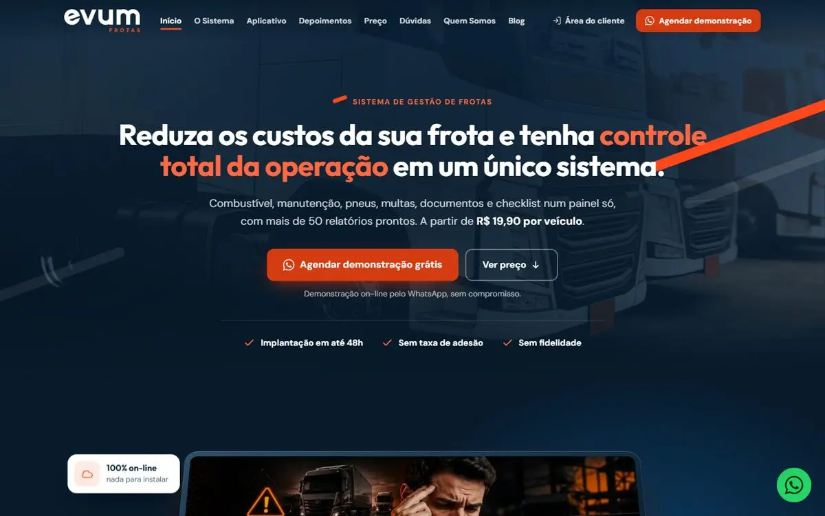 Página inicial do site de Evum Frotas no computador