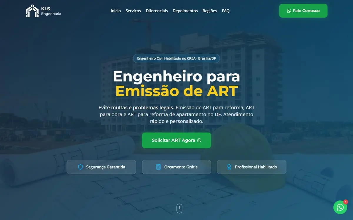 Página inicial do site de KLS Engenharia no computador