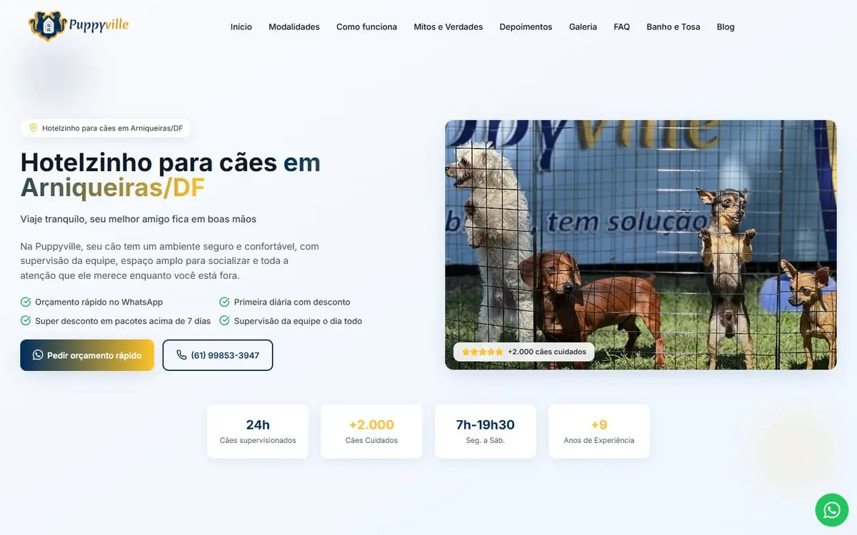 Página inicial do site de Puppyville no computador