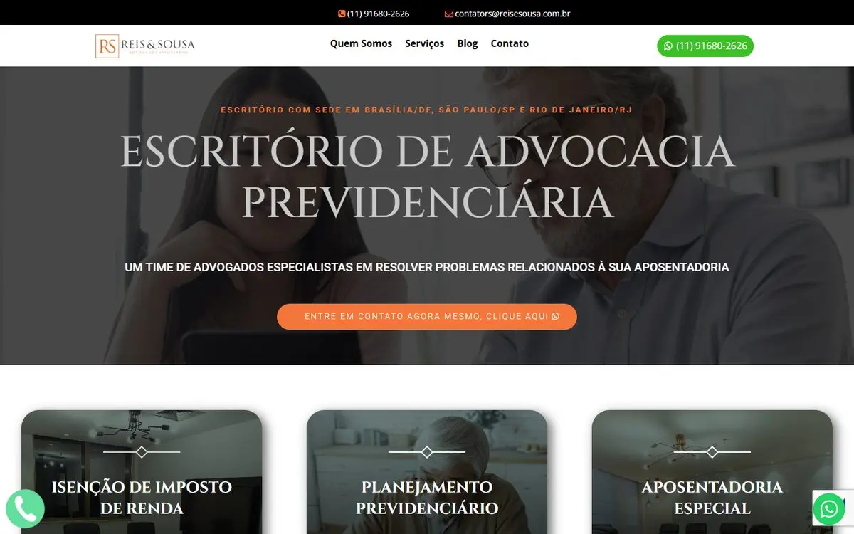 Página inicial do site de Reis & Sousa Advogados no computador